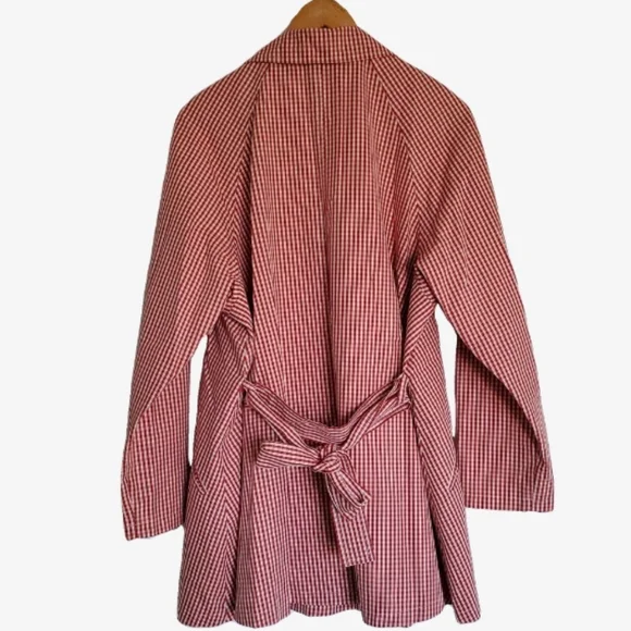 Vintage Retro Promod France Red & White Checkered Checked Button Up Trench Coat - Picture 3 of 11